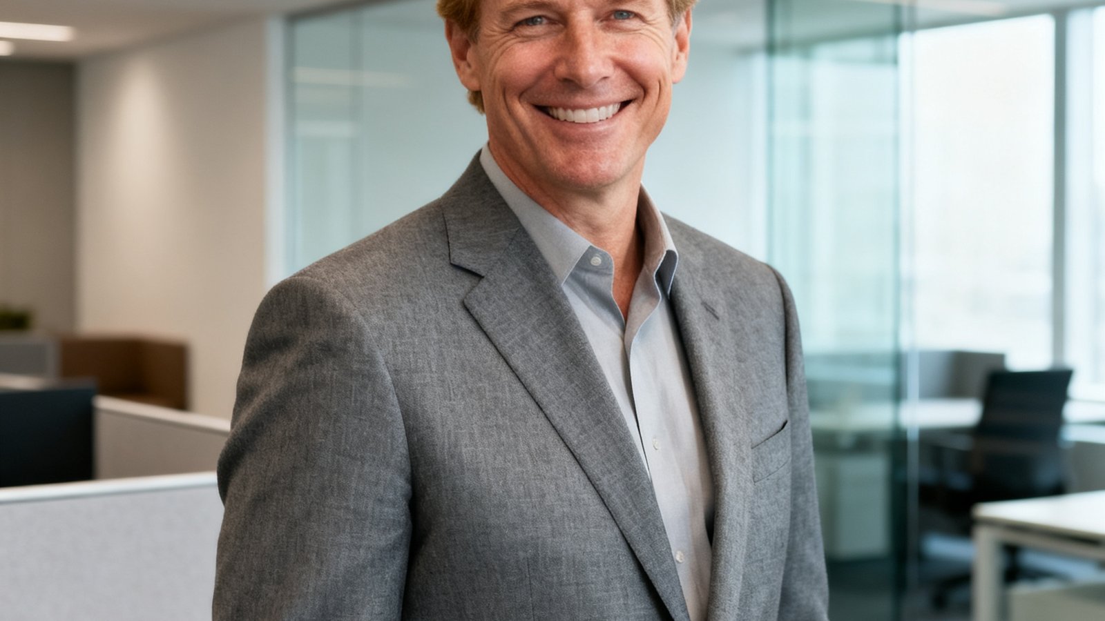 海外体育数据机构代表Mark Johnson的职业照，他是一位金发中年男性，身穿灰色西装，面带微笑，背景为现代办公室环境